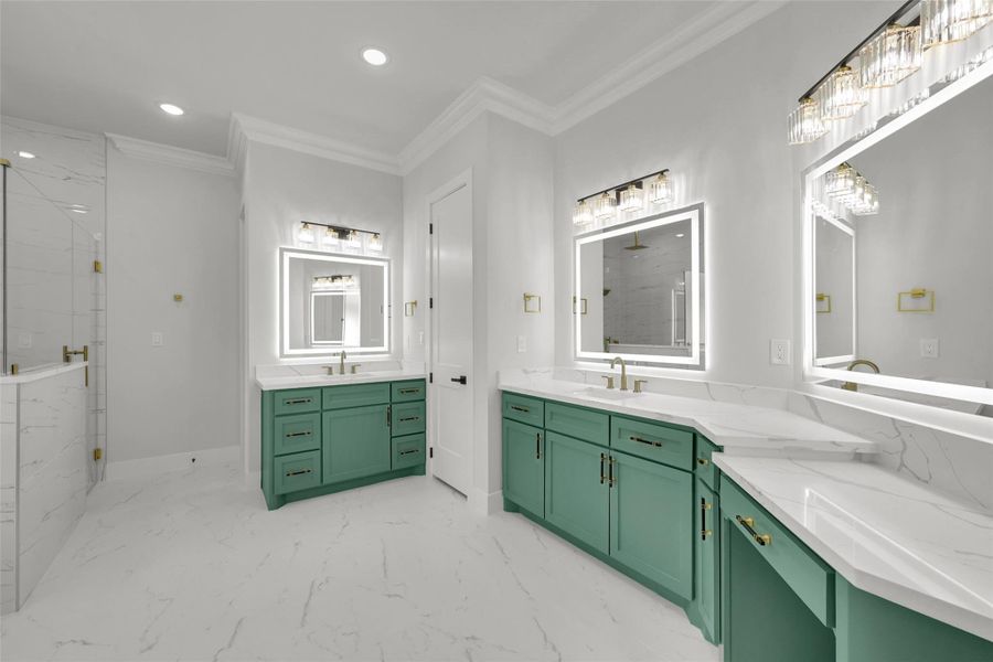 Designer tile and quartz countertops highlight the luxurious bathroom design Designer tile and quartz countertops highlight the luxurious bathroom design