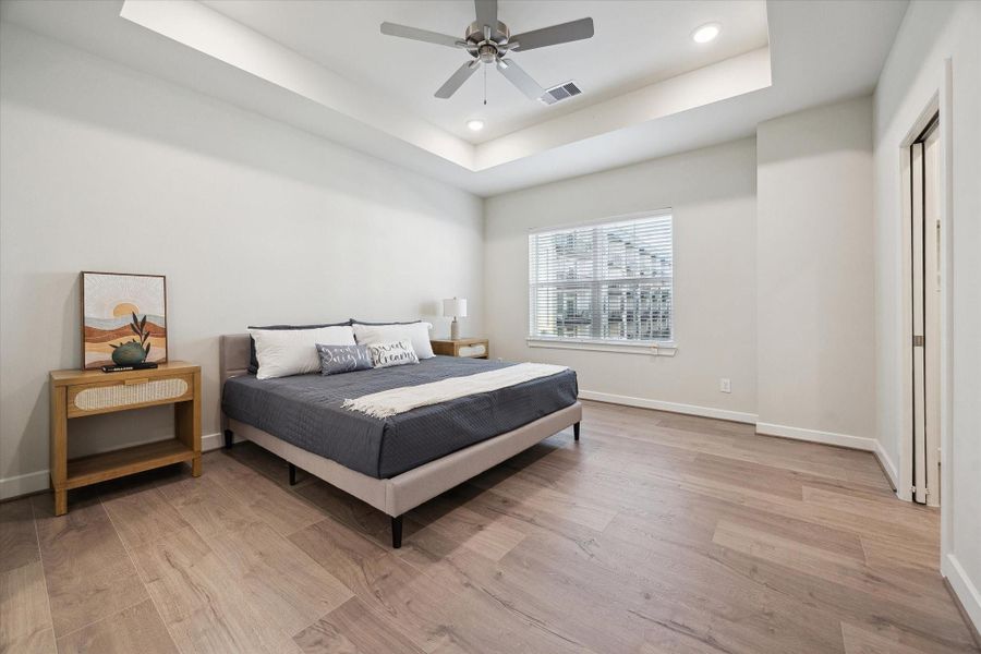 Representative photo showing the community’s model home primary bedroom. Layout and selections may vary.