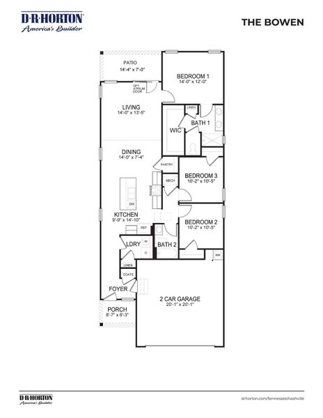 2D floor plan layout for the Bowen (Freedom) by D.R. Horton in Reserve at Hickory Ridge, Columbia, TN (Image 3).