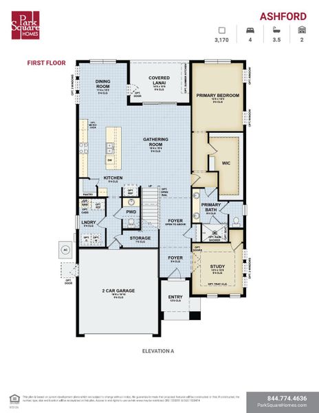2D floor plan layout for the Ashford by Park Square Residential in Tamarack at Two Rivers, Zephyrhills, FL (Image 3).