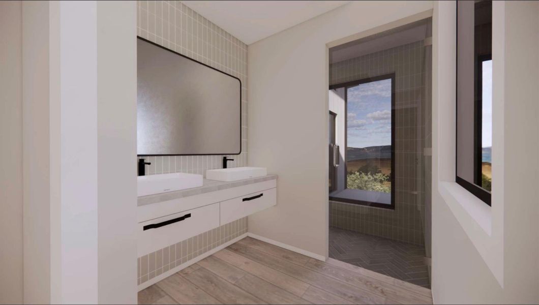RENDERING - Bathroom featuring double vanity and light wood finished floors