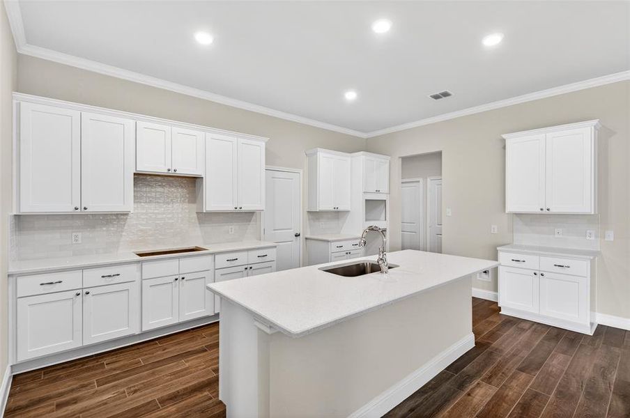 Contemporary kitchen featuring white shaker cabinetry, light-toned countertops, and wood-finish flooring