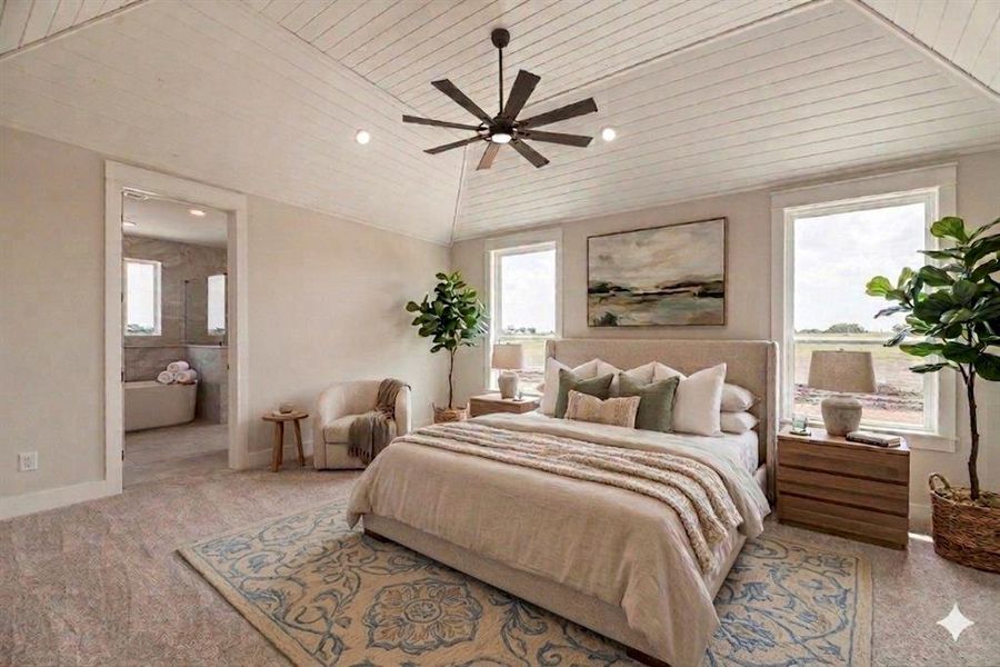 Bedroom featuring light colored carpet, ensuite bath, a ceiling fan, a vaulted wood ceiling, and recessed lighting