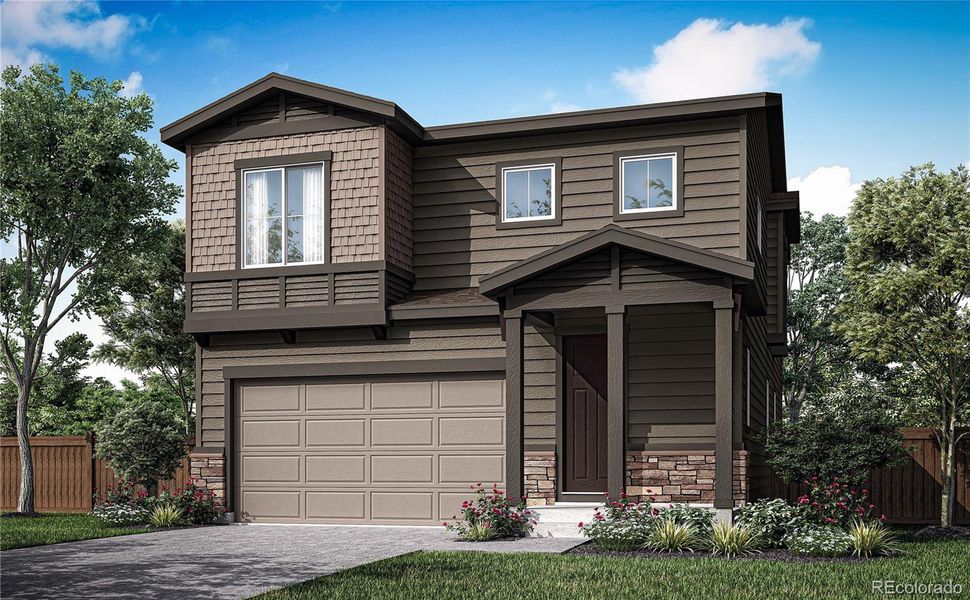 Front exterior of a new home in Medley at Reunion Ridge, Commerce City, CO, highlighting curb appeal (Image 1).