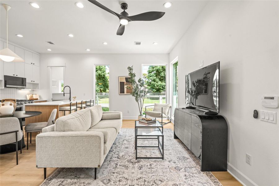 Living area, alternate elevation — unobstructed sightlines straight through to the kitchen Living area, alternate elevation — unobstructed sightlines straight through to the kitchen