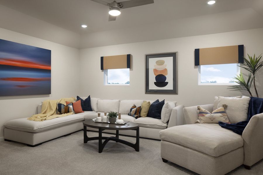 Representative furnished interior of a home built from the Quinley by Scott Felder Homes in Prominence, San Antonio (Image 22).