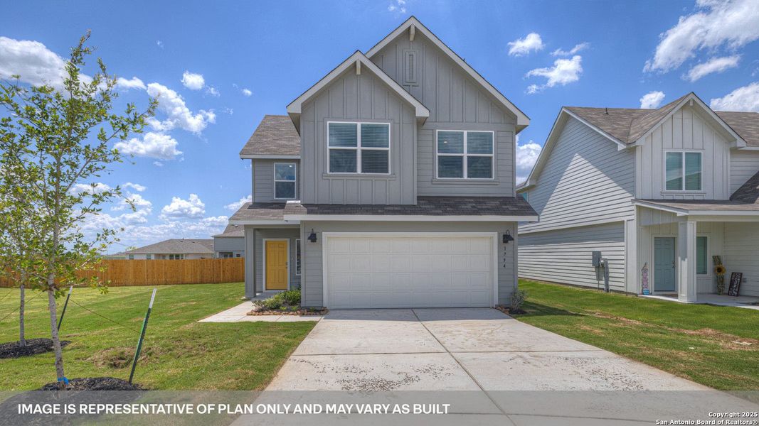 Front exterior of a new home in Saengerhalle Meadows, New Braunfels, TX, highlighting curb appeal (Image 1).