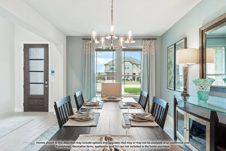 Formal dining room with dark wood table, six chairs, chandelier, and large windows with neighborhood view