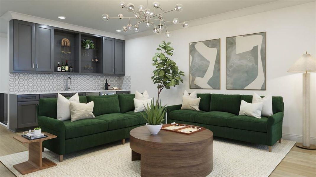 Game room with light hardwood / wood-style flooring, a chandelier, and indoor wet bar