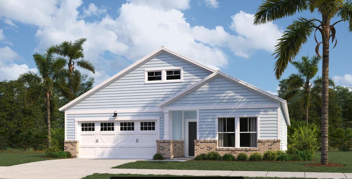 Front exterior of a new home in Horizons at Carnes Crossroads | 55+, Summerville, SC, highlighting curb appeal (Image 1). Front exterior of a new home in Horizons at Carnes Crossroads | 55+, Summerville, SC, highlighting curb appeal (Image 1).