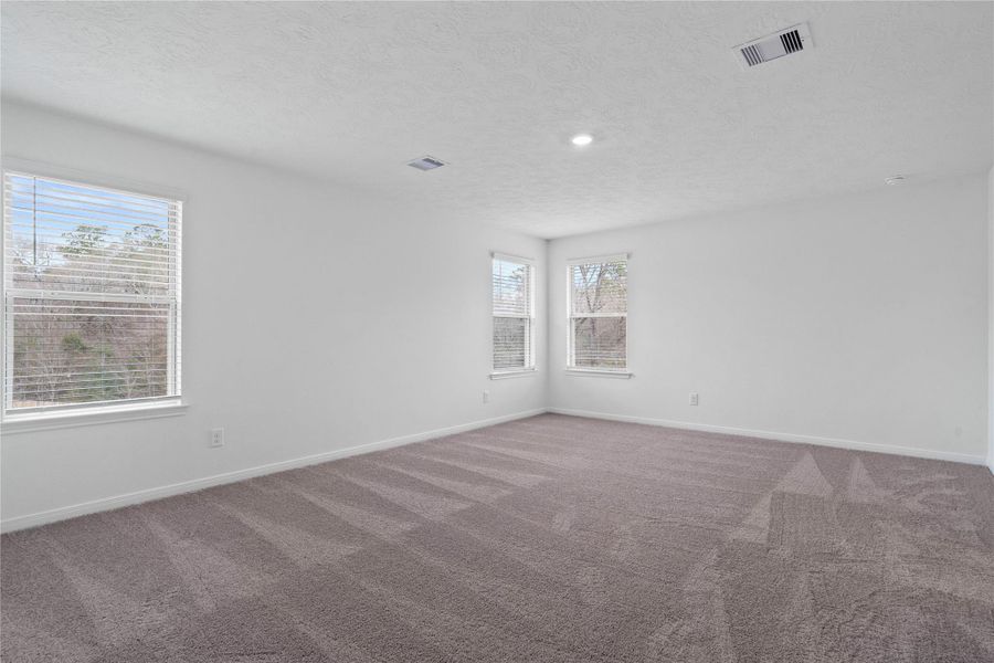 Relax and recharge in this stunning primary suite! This expansive room offers plush carpeting, neutral custom paint, high ceilings, recessed lighting and large windows fitted with privacy blinds—perfect for unwinding after a long day. Relax and recharge in this stunning primary suite! This expansive room offers plush carpeting, neutral custom paint, high ceilings, recessed lighting and large windows fitted with privacy blinds—perfect for unwinding after a long day.