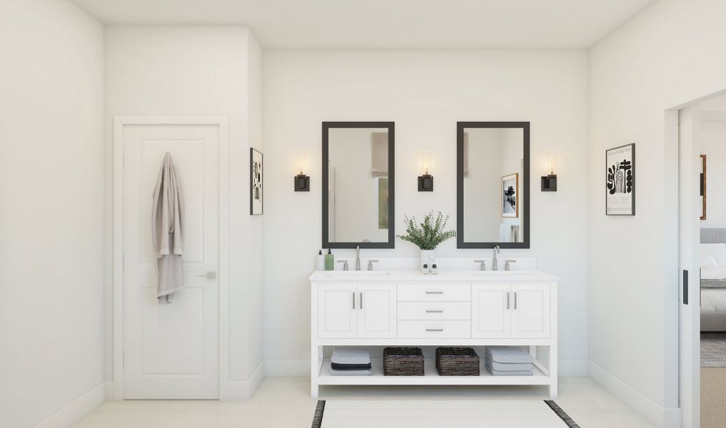 Primary bath featuring freestanding vanity with dual sinks Primary bath featuring freestanding vanity with dual sinks