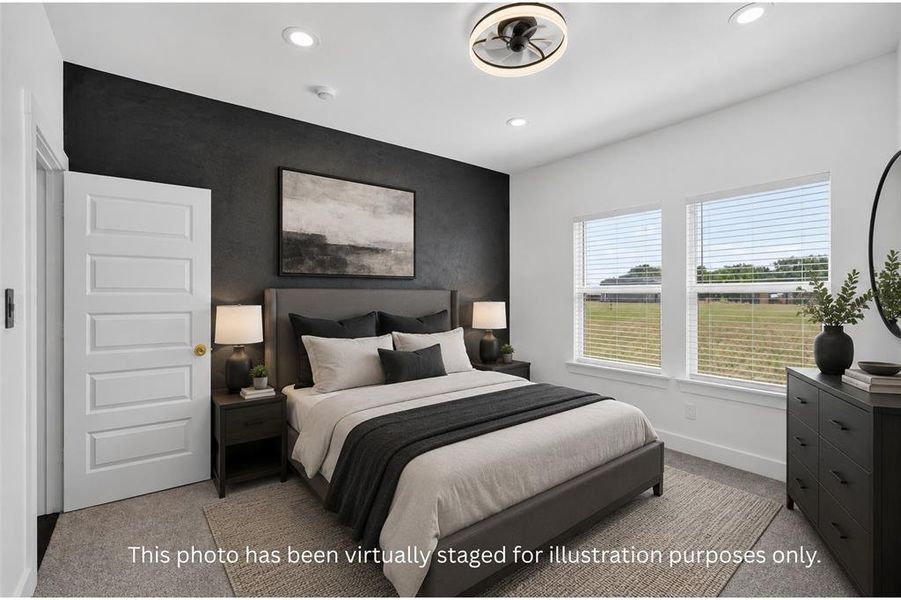 Bedroom featuring a dark accent wall, two large windows, a ceiling fan with integrated lighting, recessed lighting, and panel interior doors