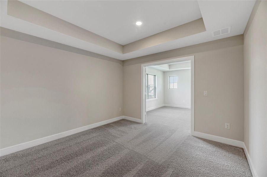 Carpeted empty room featuring a raised ceiling and baseboards