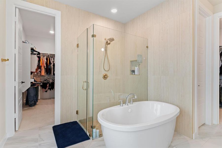 Frameless shower and free-standing tub