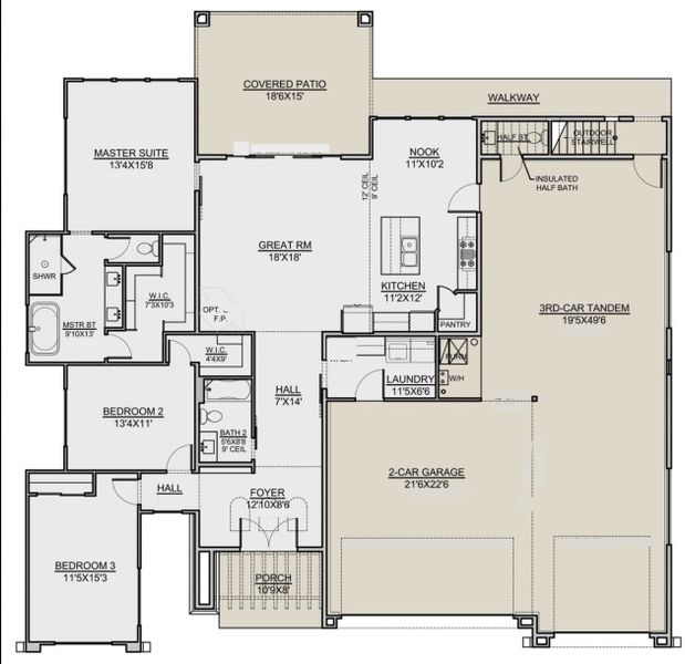 2D floor plan layout for the Domingo by Zeal Home Builders in Sunrise Point, Weatherford, TX (Image 3).