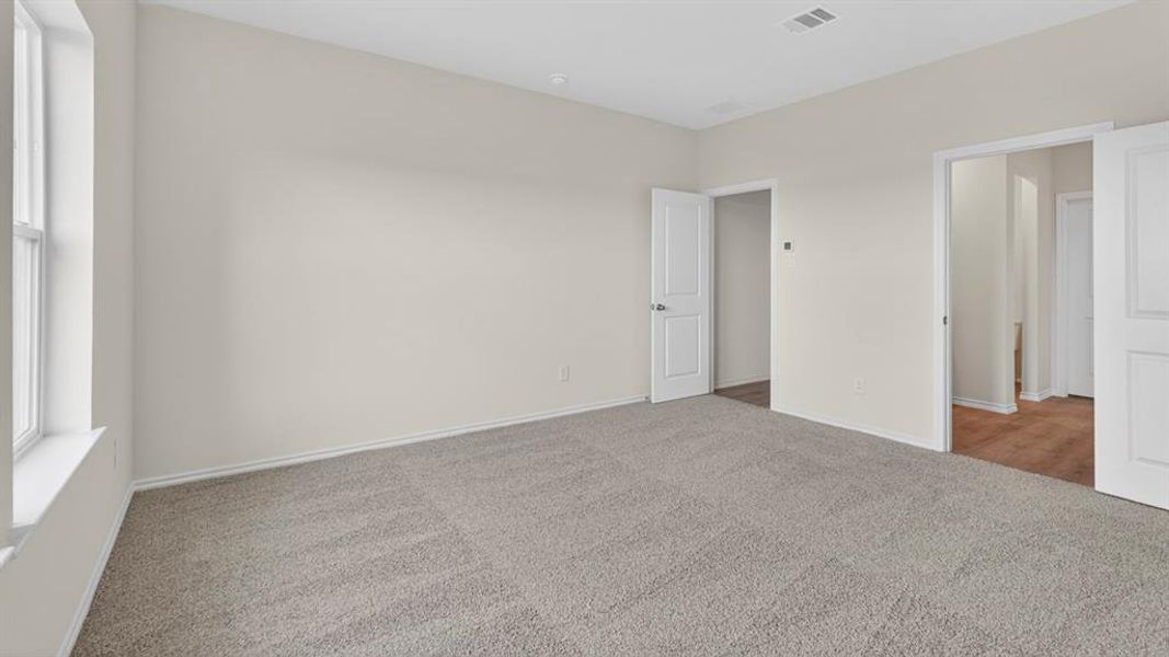 Spacious room featuring neutral carpeting, light-toned walls, a large window, and two paneled doors with brushed nickel hardware