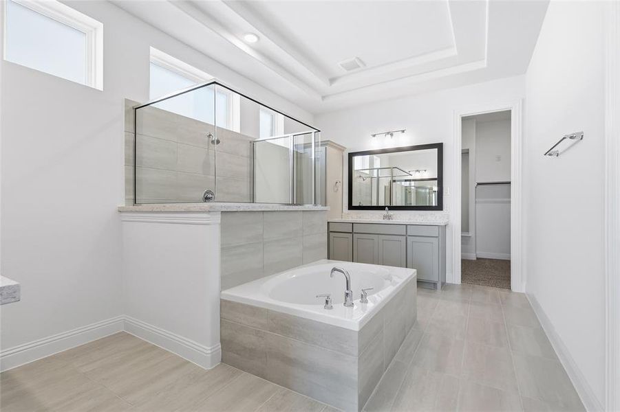 Bathroom featuring a garden tub, a walk in closet, vanity, a walk in shower, and a tray ceiling Bathroom featuring a garden tub, a walk in closet, vanity, a walk in shower, and a tray ceiling