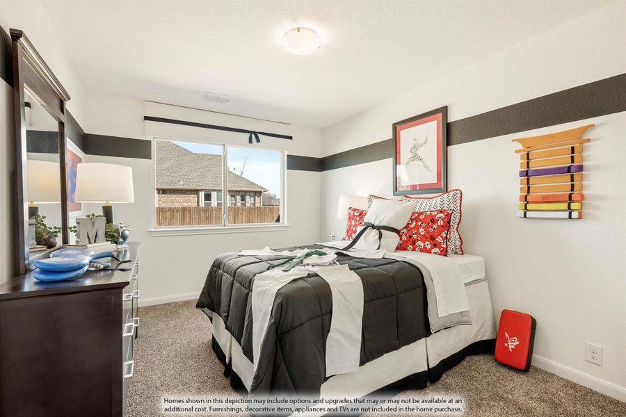 Children's bedroom with striped accent wall, full bed, dresser, and single window with carpet flooring
