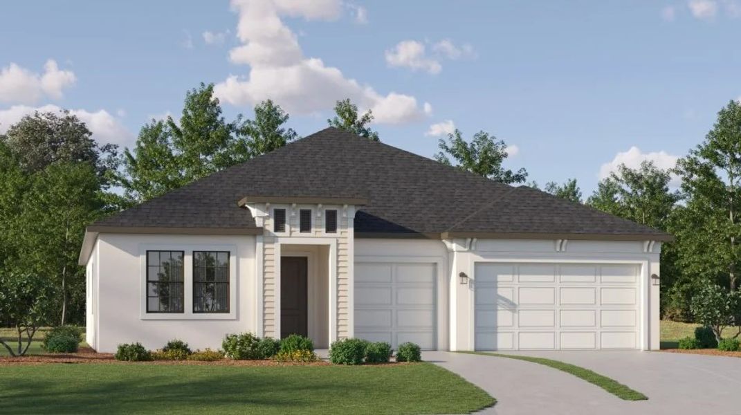 Front exterior of a new home in Angeline, Land O' Lakes, FL, highlighting curb appeal (Image 1). Front exterior of a new home in Angeline, Land O' Lakes, FL, highlighting curb appeal (Image 1).