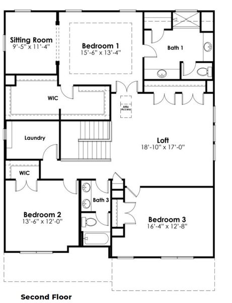 2D floor plan layout for the Harbor Oak by D.R. Horton in Old Chapin Reserve, Lexington, SC (Image 4).