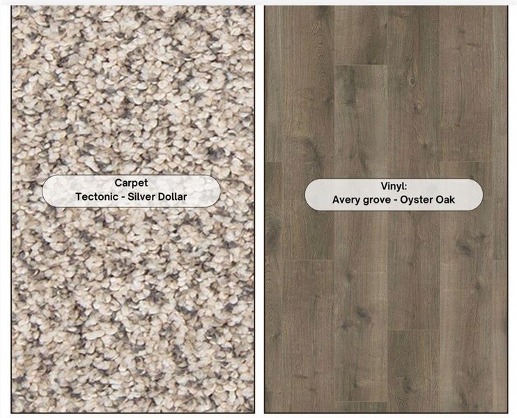 Tectonic - Silver Dollar carpet and Avery Grove - Oyster Oak vinyl flooring options
