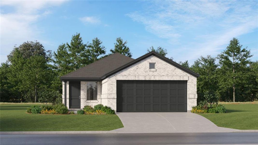Contemporary single-story residence featuring a light brick exterior, dark gable roof, and a two-car garage with a dark panel door Contemporary single-story residence featuring a light brick exterior, dark gable roof, and a two-car garage with a dark panel door
