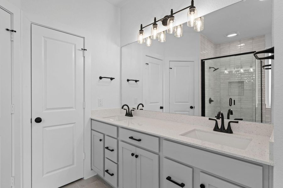 Double sink with glass shower coming. Double sink with glass shower coming.