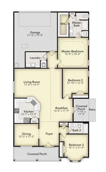2D floor plan layout for the Plan 2101 by Adams Homes in The Bluffs at Lafayette, Freeport, FL (Image 3).