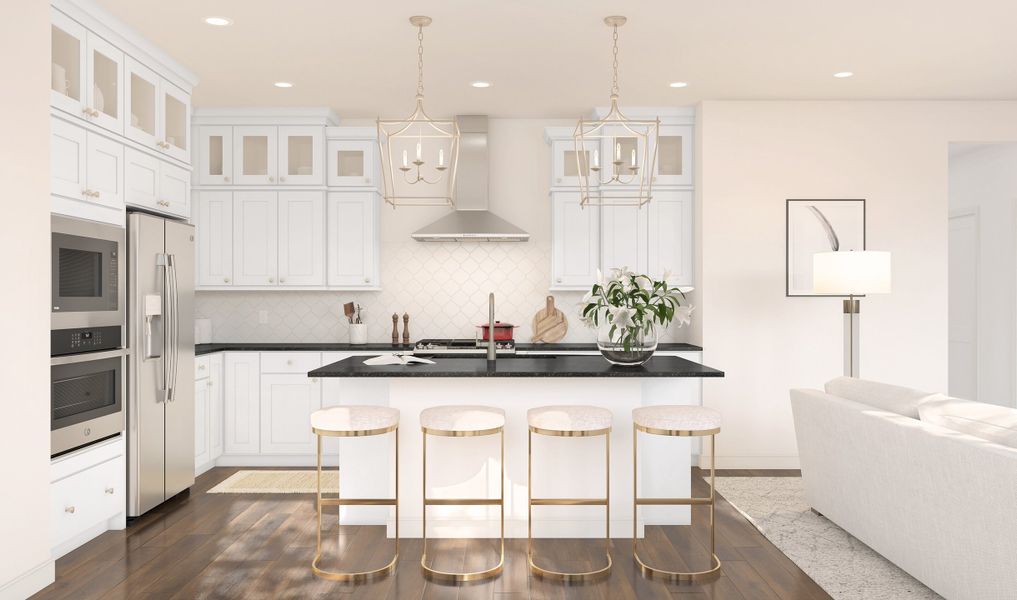 Kitchen with pendant lighting and glass upper cabinets