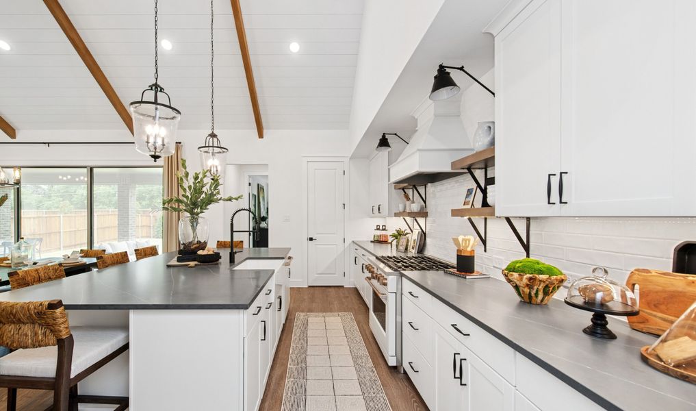 Kitchen with floating shelves and white subway tile backsplash Kitchen with floating shelves and white subway tile backsplash