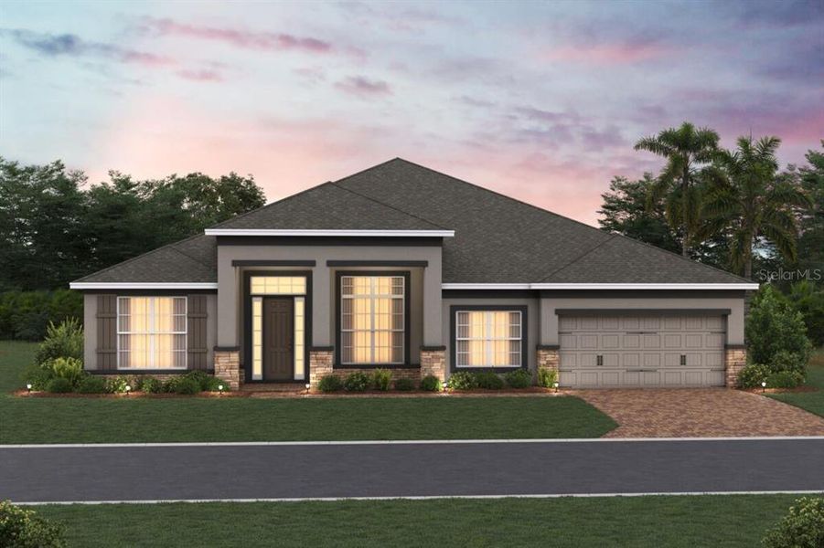 Front exterior of a new home in Wolf Lake Ranch, Apopka, FL, highlighting curb appeal (Image 1). Front exterior of a new home in Wolf Lake Ranch, Apopka, FL, highlighting curb appeal (Image 1).