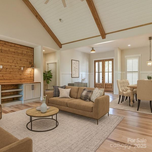 Living and dining area. virtually staged.