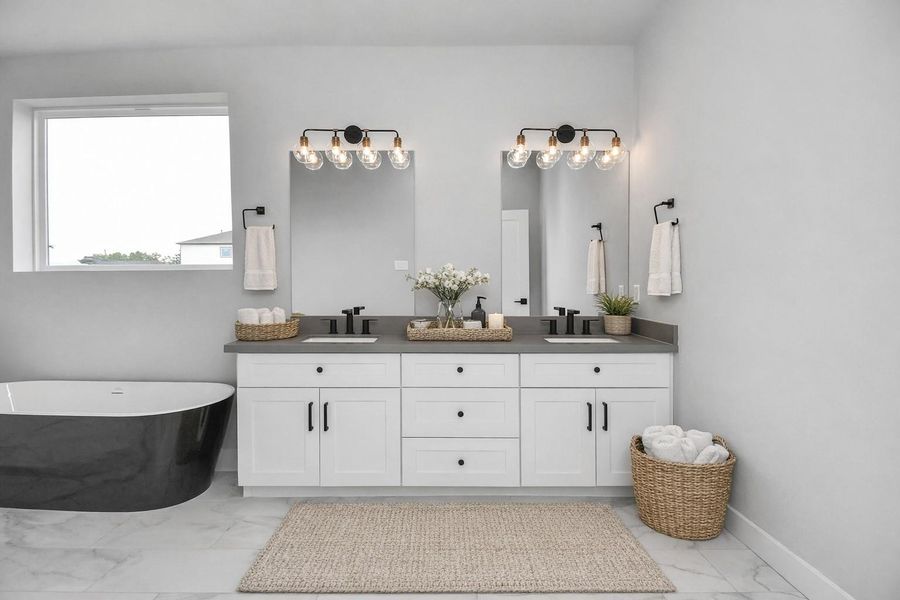 Spa-like bathroom with dual vanities, modern fixtures, and a freestanding soaking tub. Clean, elegant design creates a relaxing retreat.