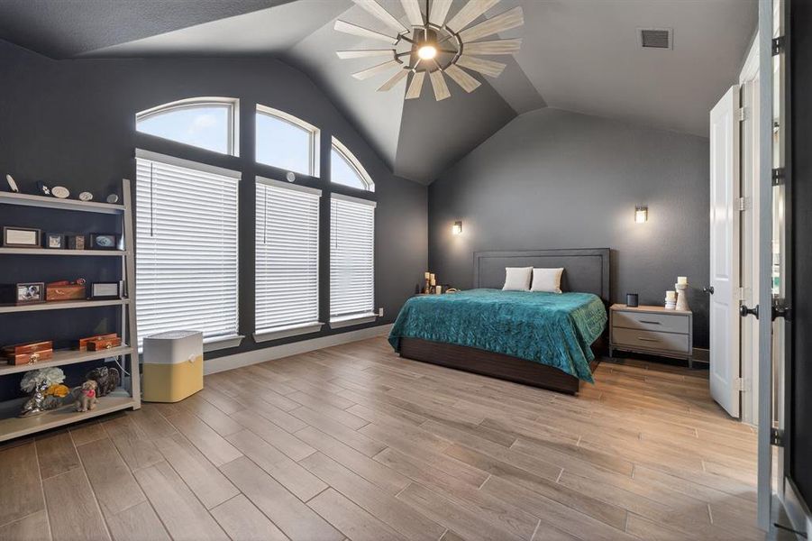 Vaulted primary suite filled with natural light and architectural windows. Vaulted primary suite filled with natural light and architectural windows.