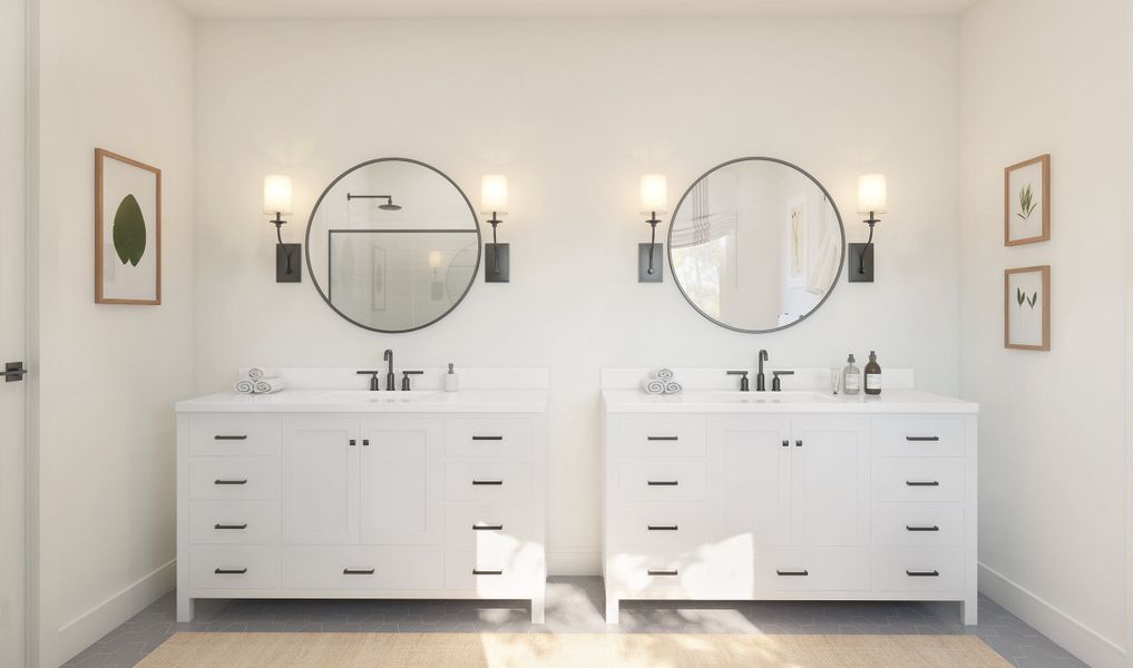 Primary bath with freestanding vanities