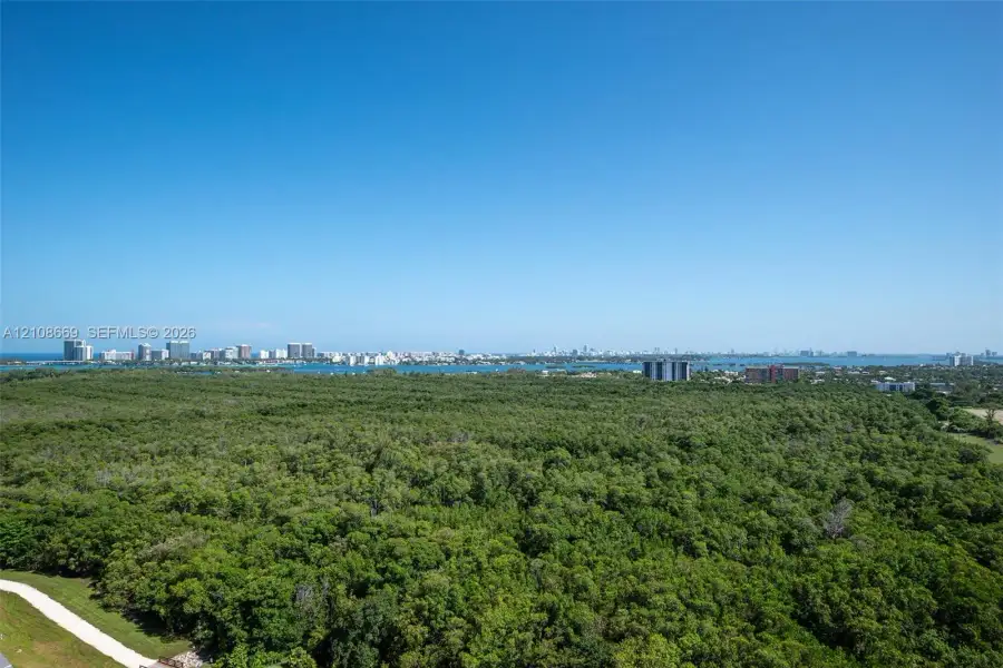 Aerial perspective featuring expansive natural wooded acreage, coastal waterway, and distant metropolitan skyline