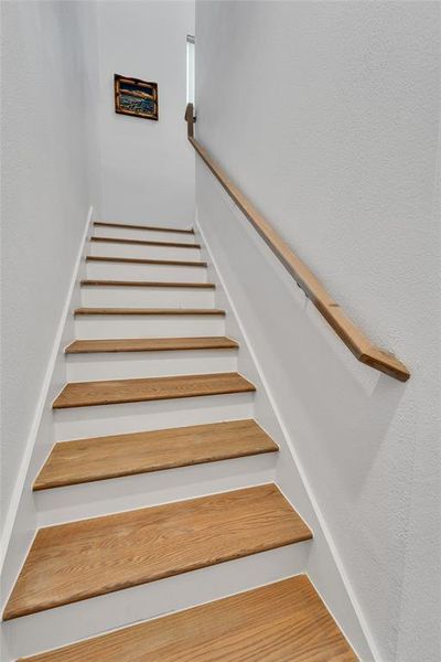 Staircase featuring wood finished floors Staircase featuring wood finished floors