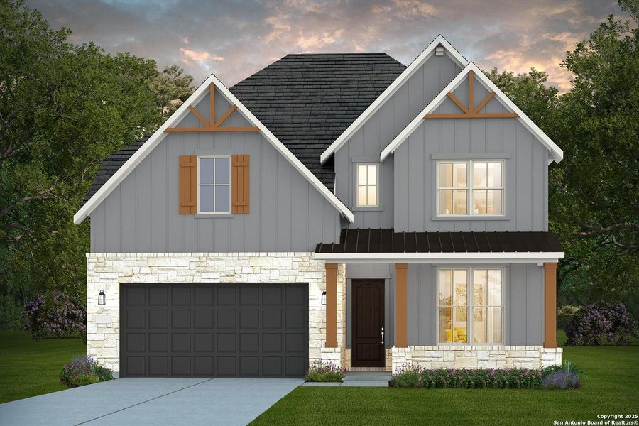 Front exterior of a new home in Bison Ridge, San Antonio, TX, highlighting curb appeal (Image 1).