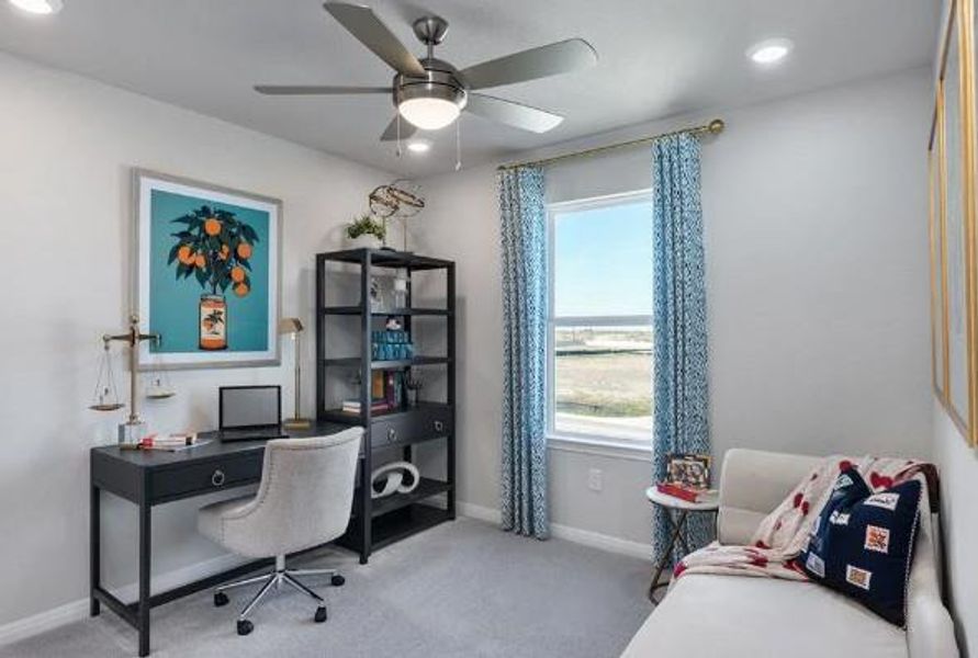 Carpeted office featuring baseboards, a ceiling fan, plenty of natural light, and recessed lighting Carpeted office featuring baseboards, a ceiling fan, plenty of natural light, and recessed lighting
