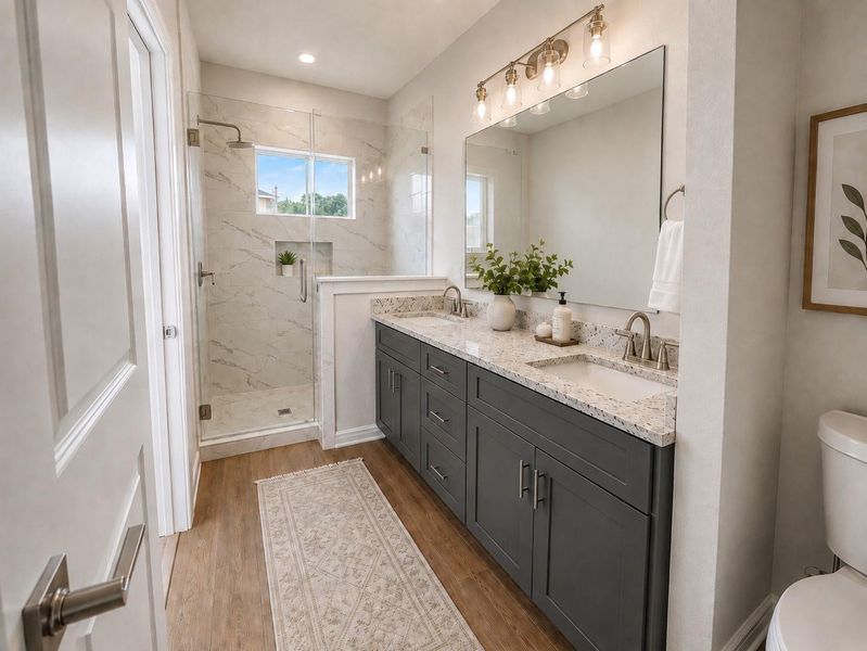 Primary owner bathroom suite. Virtual staging for reference only to showcase the floor plan potential. Primary owner bathroom suite. Virtual staging for reference only to showcase the floor plan potential.