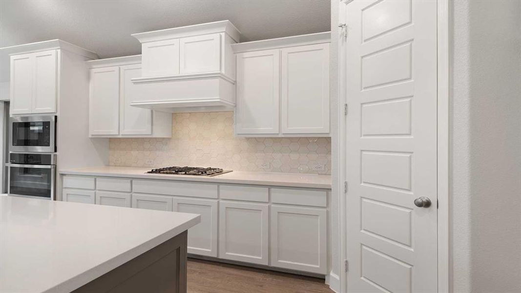 Kitchen featuring white cabinetry, hardwood / wood-style flooring, stainless steel appliances, custom range hood, and backsplash