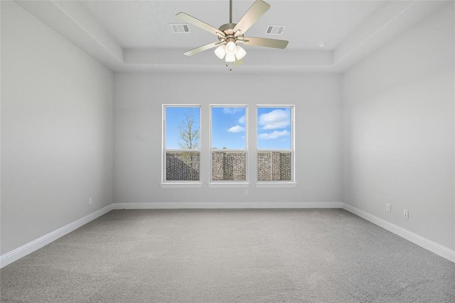 Unfurnished room featuring light carpet, a ceiling fan, and a raised ceiling Unfurnished room featuring light carpet, a ceiling fan, and a raised ceiling