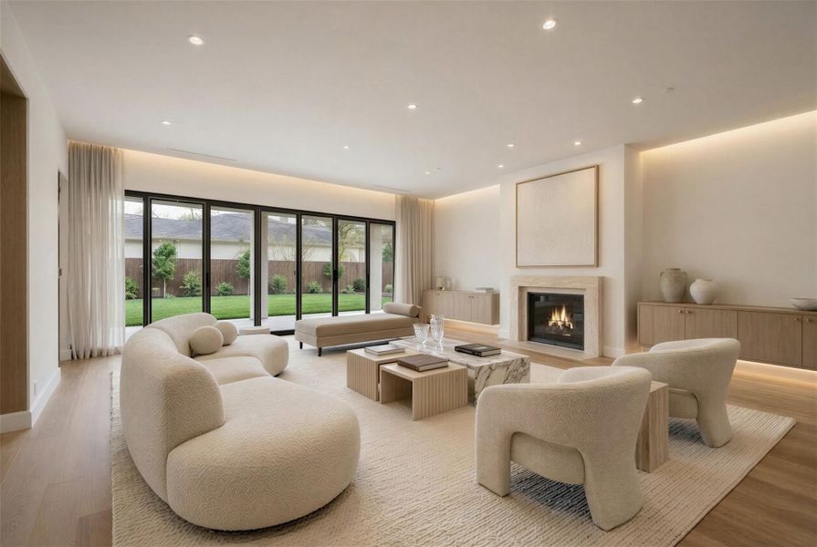 Rendering: The grand living room is accented by accordion doors, allowing for effortless indoor - outdoor living, while being bathed in natural light.