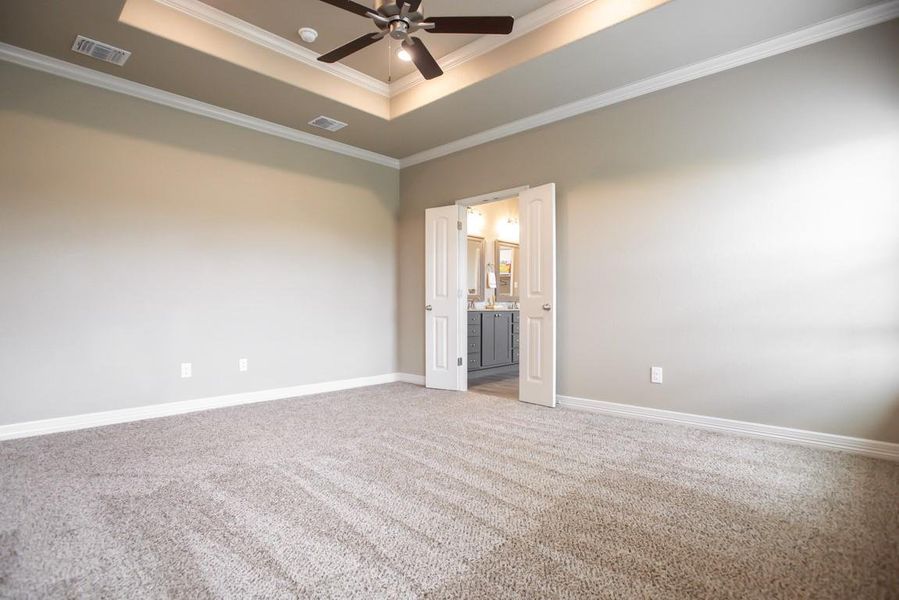 Unfurnished room with a raised ceiling, ornamental molding, ceiling fan, and light colored carpet Unfurnished room with a raised ceiling, ornamental molding, ceiling fan, and light colored carpet