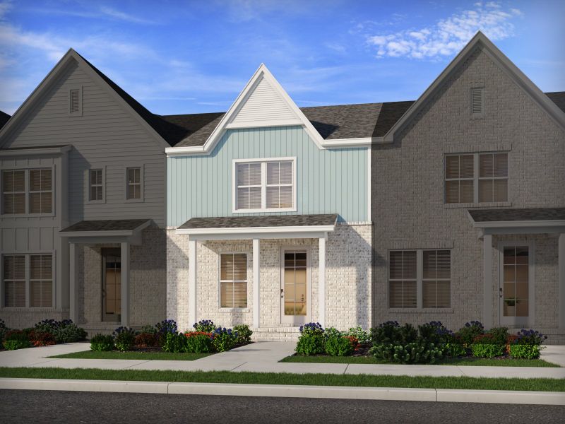 Front exterior of a new home in Greystone - Vista Townhomes, Smyrna, TN, highlighting curb appeal (Image 1).