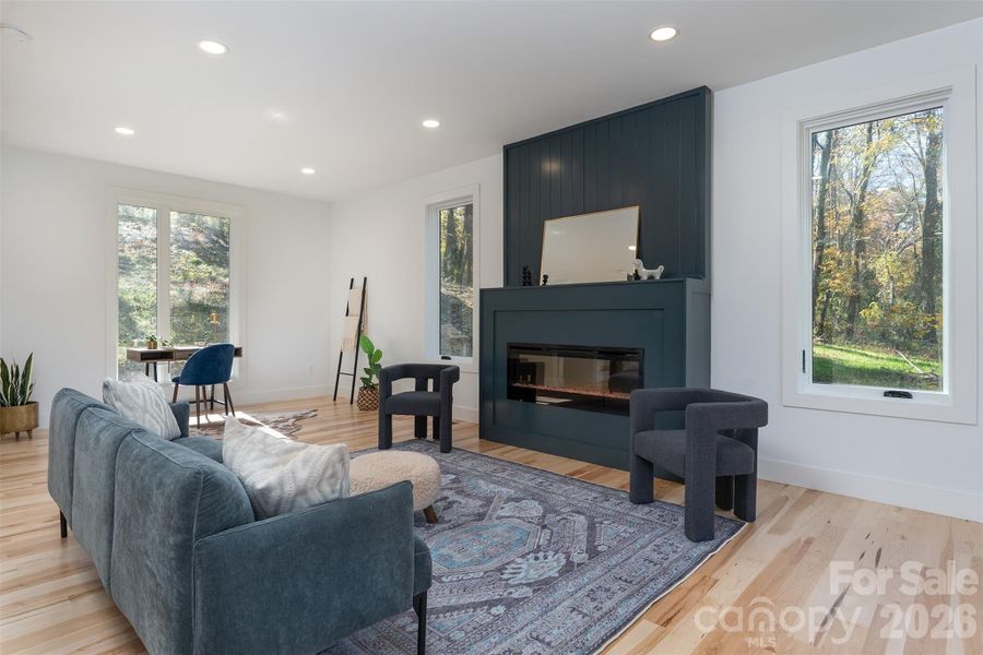 electric fireplace gives off heat to make things extra cozy