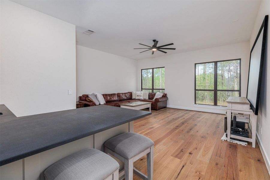 Spacious game room/den/multi flex space facing the back of the house with separate access to the covered patio for great entertaining functionality.  7" wide plank Pecan engineered wooden floors continued throughout.