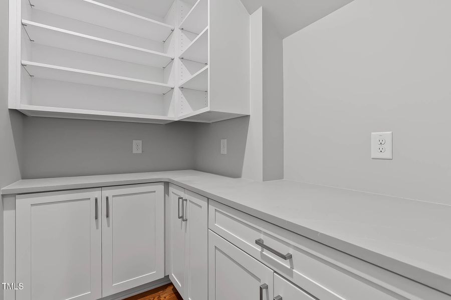 Pantry with solid shelving & cabinets