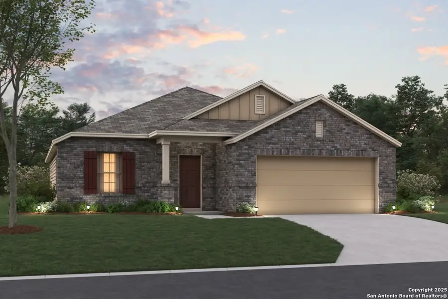 Front exterior of a new home in Cinco Lakes, San Antonio, TX, highlighting curb appeal (Image 1).